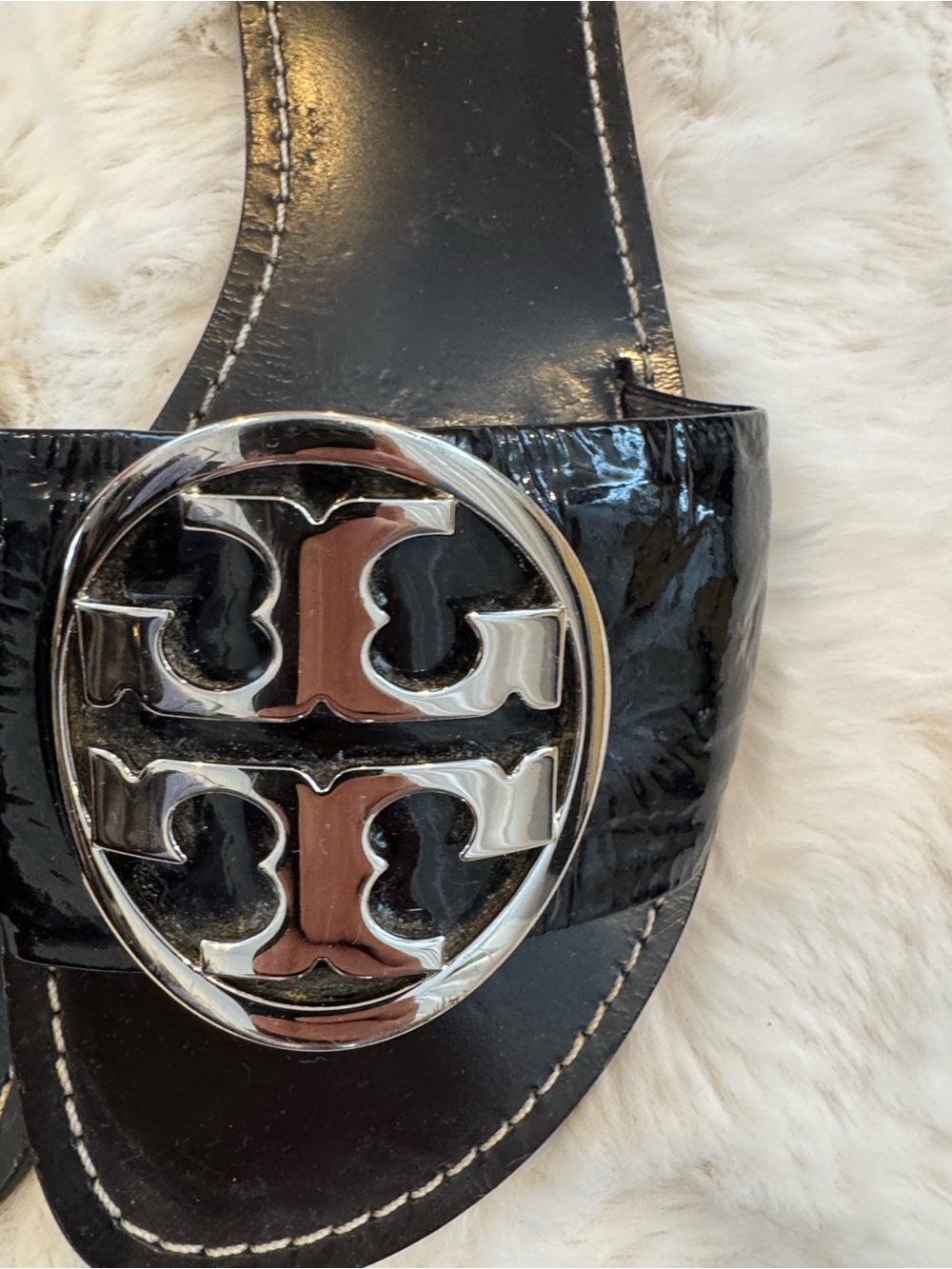 Tory Burch Black Patent Miller Slide Sandals with Silver Logo - Picture 3 of 4